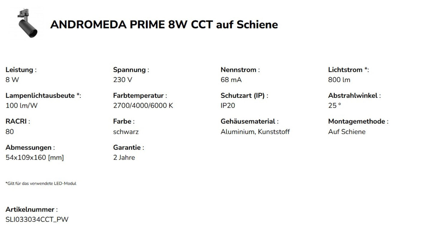 LED 3-Phasen Stromschienenstrahler ANDROMEDA PRIME 8W 800lm schwarz 25° IP20 2700-6000K CCT