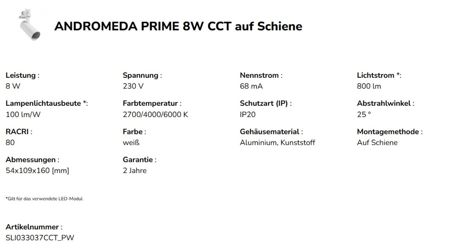 LED 3-Phasen Stromschienenstrahler ANDROMEDA PRIME 8W 800lm weiss 25° IP20 2700-6000K CCT