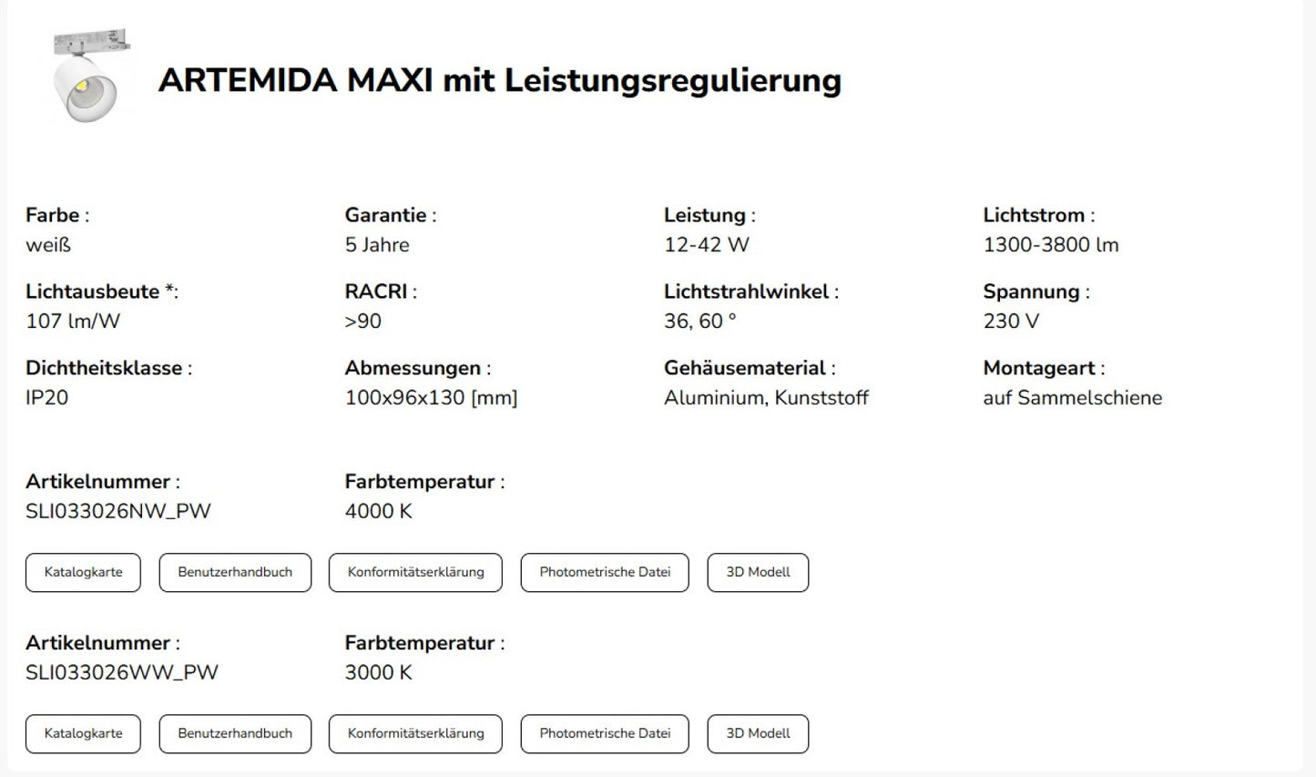 LED 3-Phasen Stromschienenstrahler ARTEMIDA MAXI 12-42W 1300-3800lm weiss 36°/60° Neutralweiss 4000K