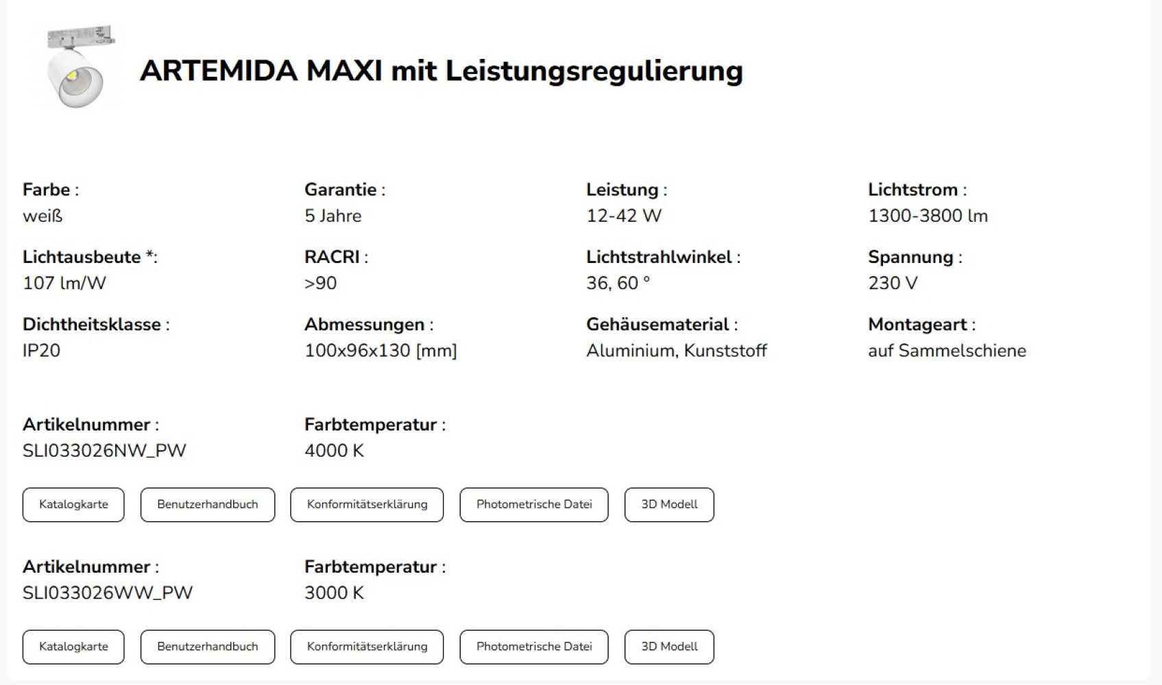 LED 3-Phasen Stromschienenstrahler ARTEMIDA MAXI 12-42W 1300-3800lm weiss 36°/60° Neutralweiss 4000K