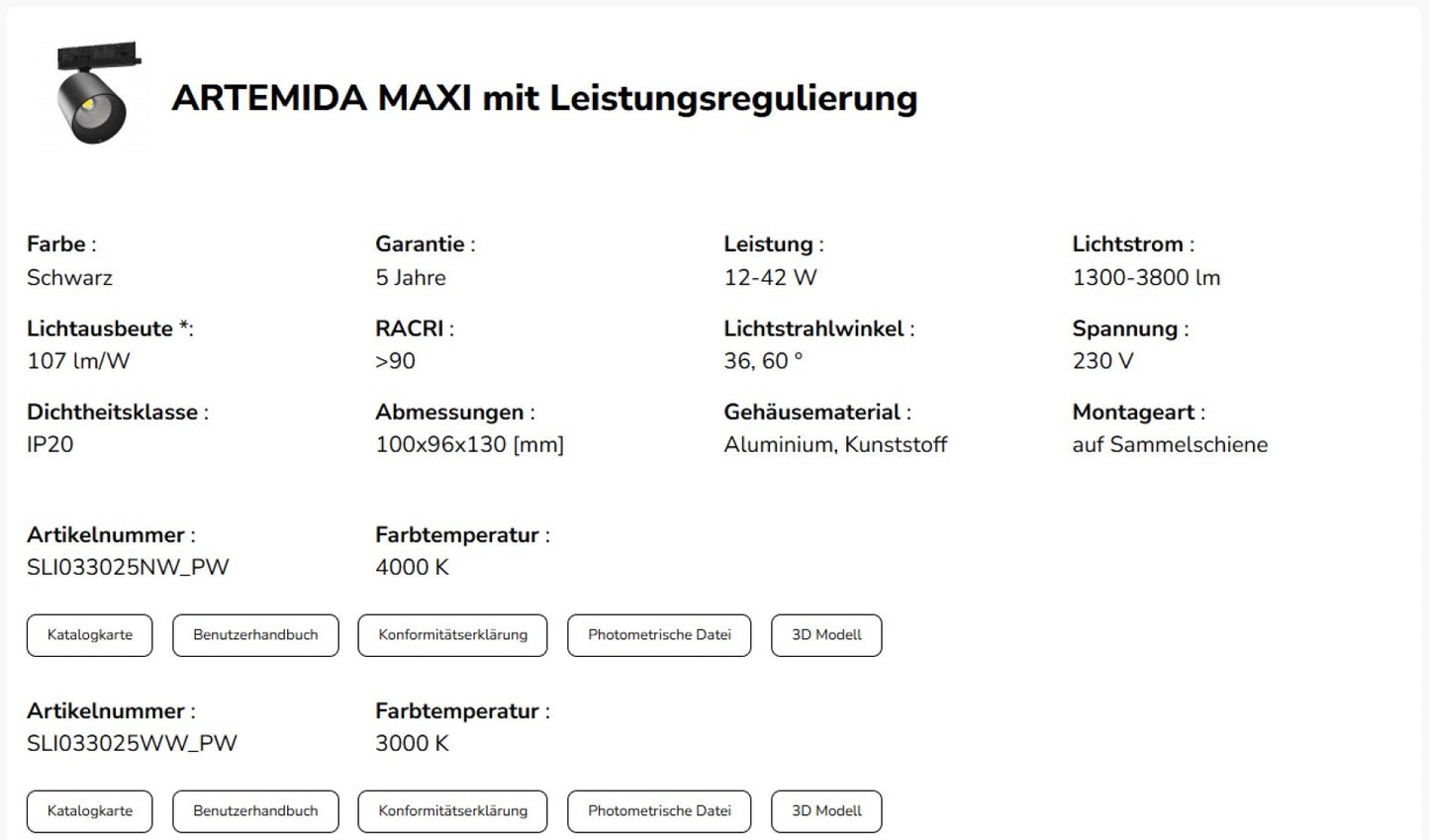 LED 3-Phasen Stromschienenstrahler ARTEMIDA MAXI 12-42W 4500lm schwarz 36°/60° 230V IP20 Warmweiss 3000K