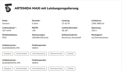 LED 3-Phasen Stromschienenstrahler ARTEMIDA MAXI 12-42W 4500lm schwarz 36°/60° 230V IP20 Warmweiss 3000K