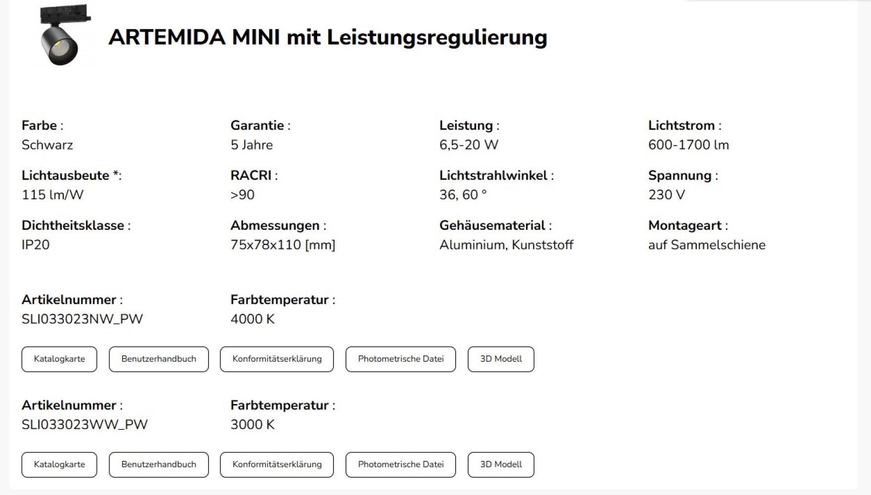 LED 3-Phasen Stromschienenstrahler ARTEMIDA MINI 6,5-20W 2300lm schwarz 36°/60° 230V IP20 Neutralweiss 4000K