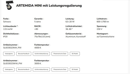 LED 3-Phasen Stromschienenstrahler ARTEMIDA MINI 6,5-20W 2300lm schwarz 36°/60° 230V IP20 Neutralweiss 4000K