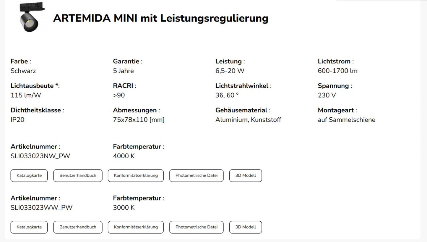 LED 3-Phasen Stromschienenstrahler ARTEMIDA MINI 6,5-20W 2300lm schwarz 36°/60° 230V IP20 Warmweiss 3000K