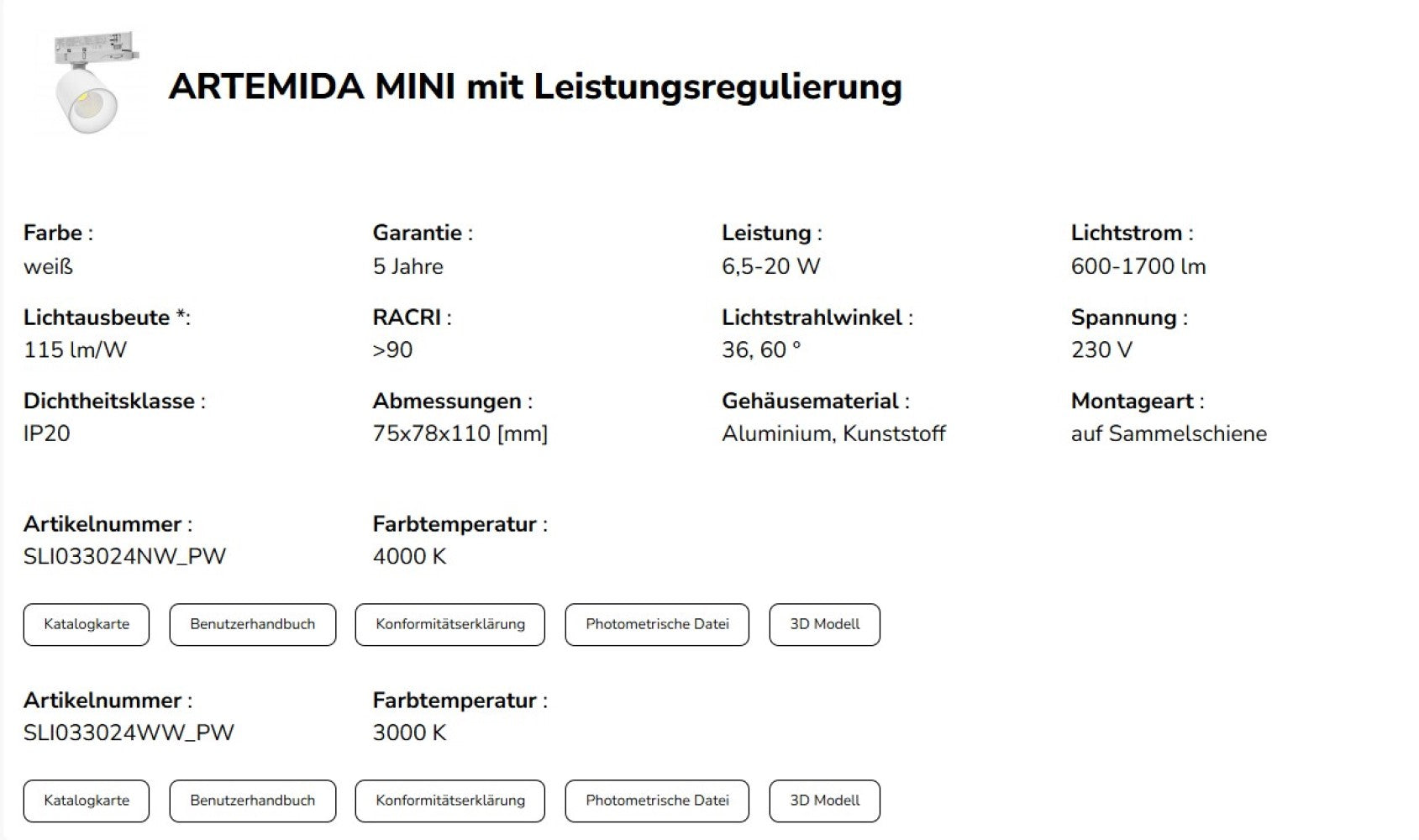 LED 3-Phasen Stromschienenstrahler ARTEMIDA MINI 6,5-20W 2300lm weiss 36°/60° 230V IP20 Warmweiss 3000K