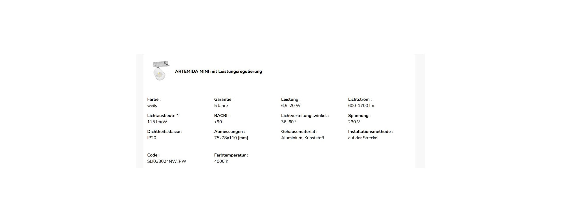 LED 3-Phasen Stromschienenstrahler ARTEMIDA MINI 6,5-20W weiss 36°/60° DIP SWITCH 600-1700lm IP20 Neutral 4000K