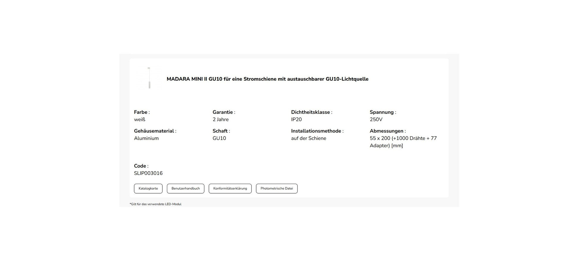 LED 3-Phasen Stromschienenstrahler MADARA MINI II GU10 Pendelleuchte kürzbar weiss IP20 max. 10W rund