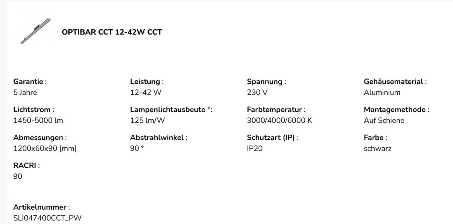 LED 3-Phasen Stromschienenstrahler OPTIBAR CCT 120cm 12-42W schwarz 90° 1450-5000lm IP20 3000-6000K CCT