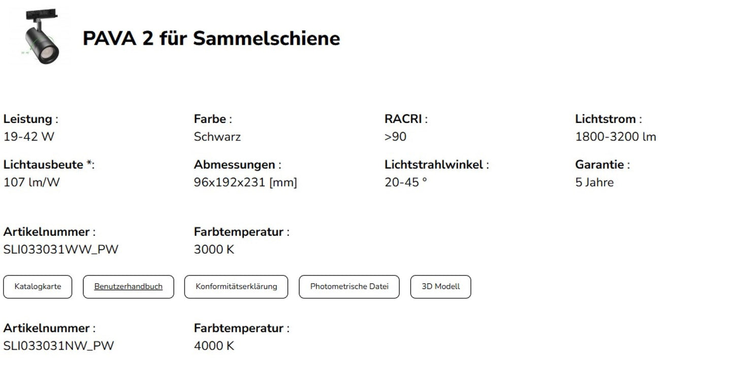 LED 3-Phasen Stromschienenstrahler PAVA 2 19-42W 1800-3200lm schwarz 20-45° Warmweiss 3000K