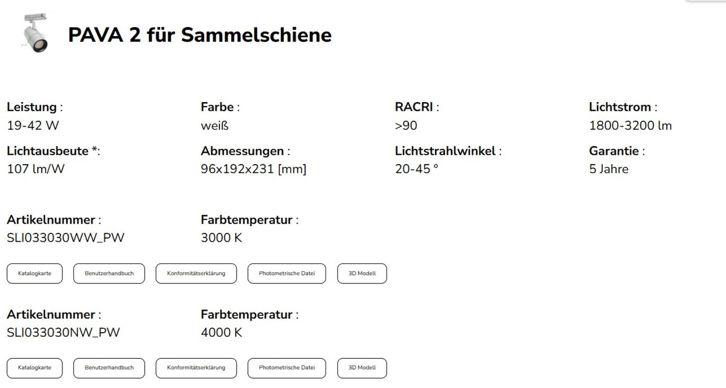 LED 3-Phasen Stromschienenstrahler PAVA 2 19-42W 1800-3200lm weiss 20-45° Neutralweiss 4000K