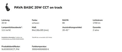 LED 3-Phasen Stromschienenstrahler PAVA BASIC 20W 2225lm schwarz 20-45° 3000-6000K CCT