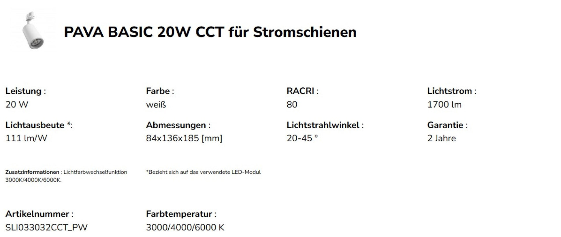 LED 3-Phasen Stromschienenstrahler PAVA BASIC 20W 2225lm weiss 20-45° 3000-6000K CCT