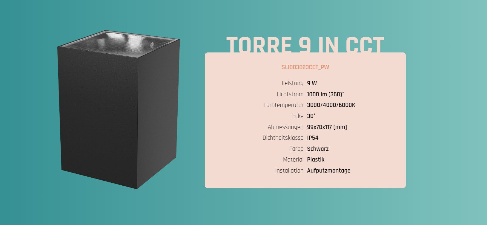 LED Aussenleuchte TORRE 9W 1000lm IP54 Wandleuchte eckig schwarz CCT 3000-6000K