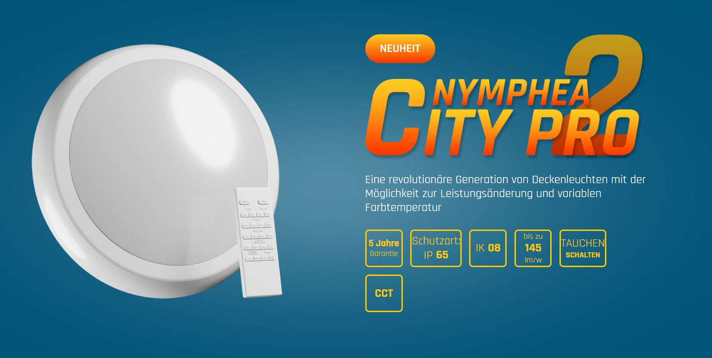 LED Deckenleuchte NYMPHEA CITY PRO 2 weiss 18W/24W Sensor &amp; Fernbedienung 3500lm aussen IK08 rund CCT 3000-6000K