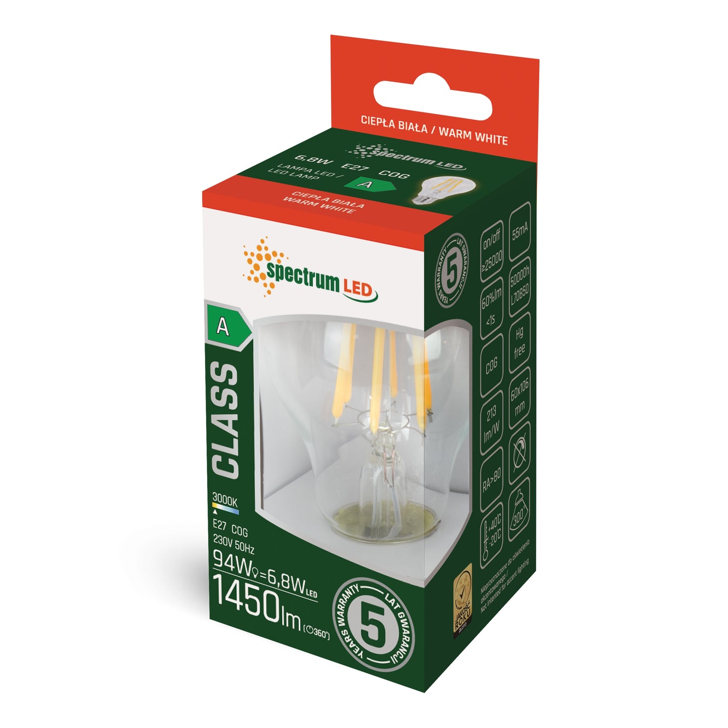 LED E27 A60 Birne 6,8W = 94W Filament Klar 1450lm 300° ULTRA EFFIZIENT 230V Warmweiss 3000K