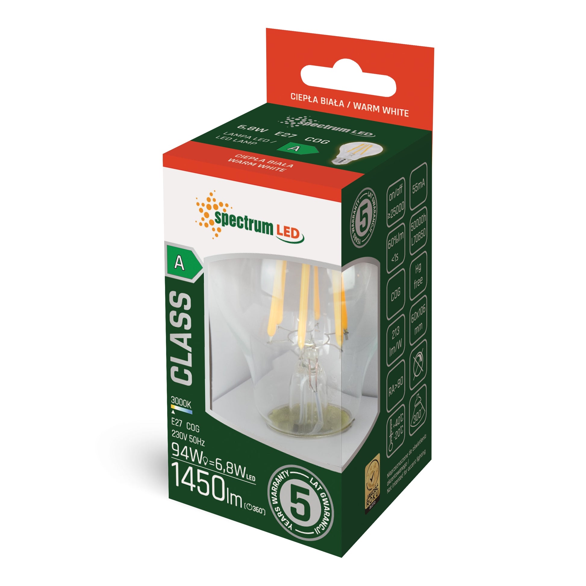 LED E27 A60 Birne 6,8W = 94W Filament Klar 1450lm 300° ULTRA EFFIZIENT 230V Warmweiss 3000K