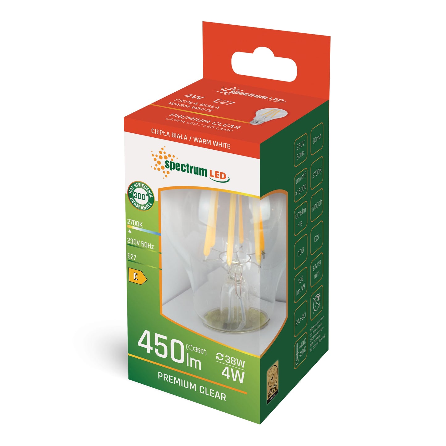 LED E27 A60 Filament Klar 4W = 38 Watt 450lm Birne 300° Warmweiss 2700K