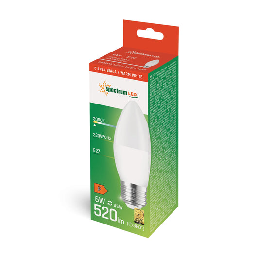 LED E27 C37 Kerzenform 6W = 45W 230V 520lm 160° Warmweiss 3000K