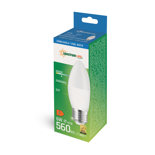 LED E27 C37 Kerzenform 6W = 47W 230V 560lm 160° Kaltweiss 6000K