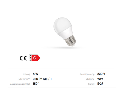 LED E27 G45 Tropfen 4W = 29W Kugel 320lm Lampe Birne Warmweiss 3000K