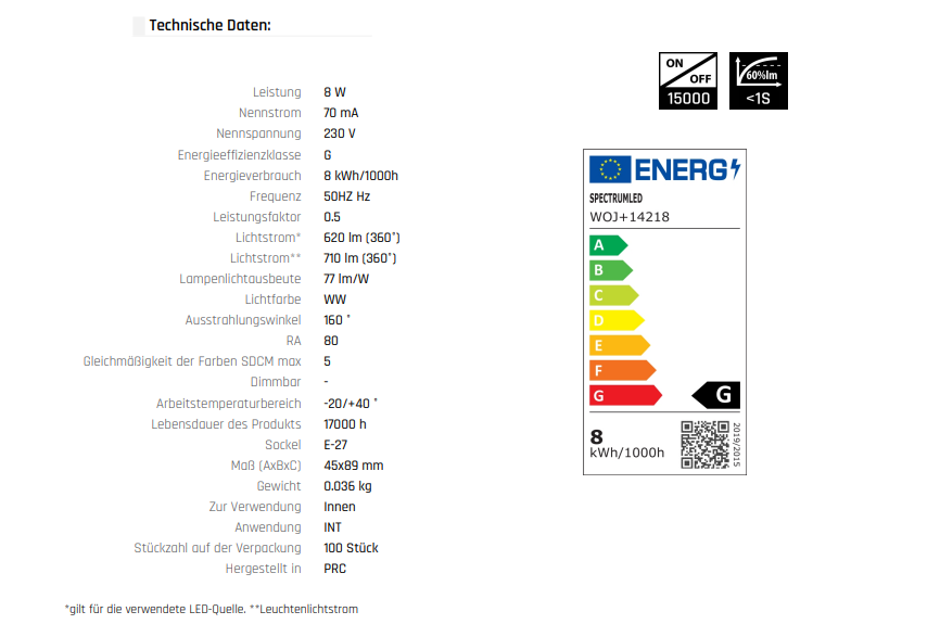 LED E27 G45 Tropfen 8W = 48W  Kugel 620lm Lampe Birne Warmweiss 3000K