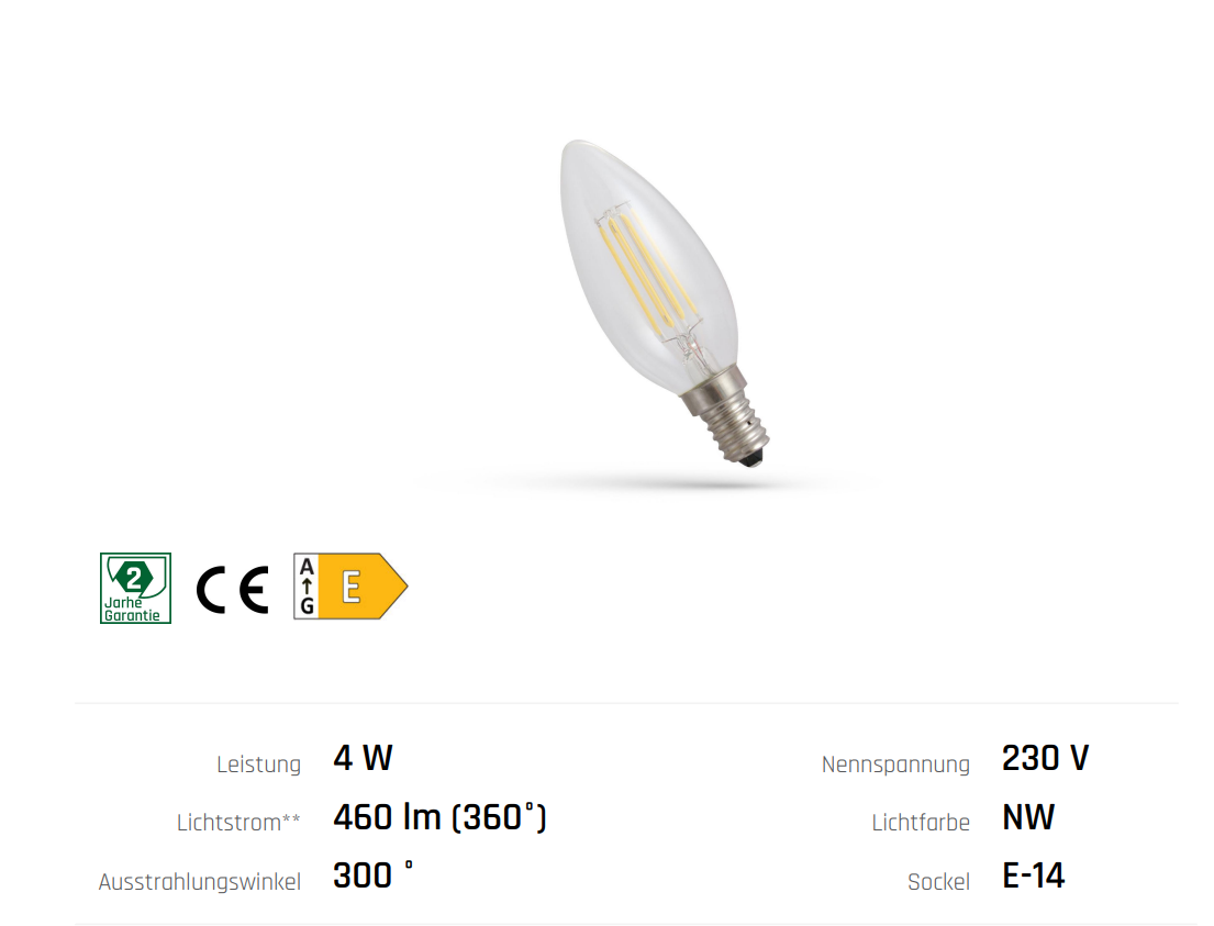 LED Filament E14 C35 Kerze Klar 4W = 39 Watt 460lm 300° Retro Neutralweiss 4000K