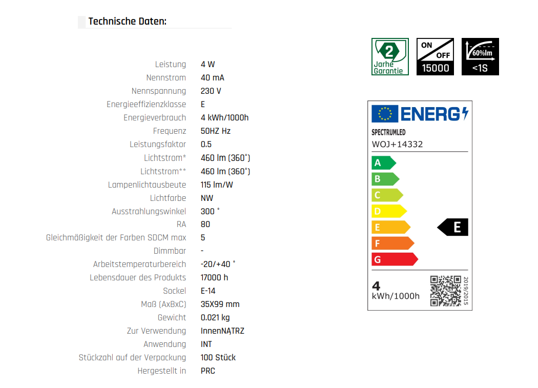 LED Filament E14 C35 Kerze Klar 4W = 39 Watt 460lm 300° Retro Neutralweiss 4000K