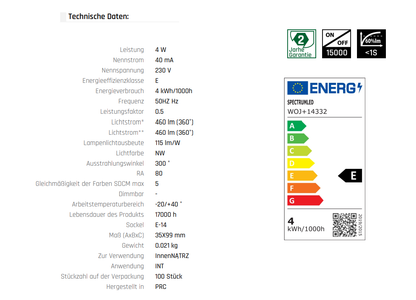 LED Filament E14 C35 Kerze Klar 4W = 39 Watt 460lm 300° Retro Neutralweiss 4000K