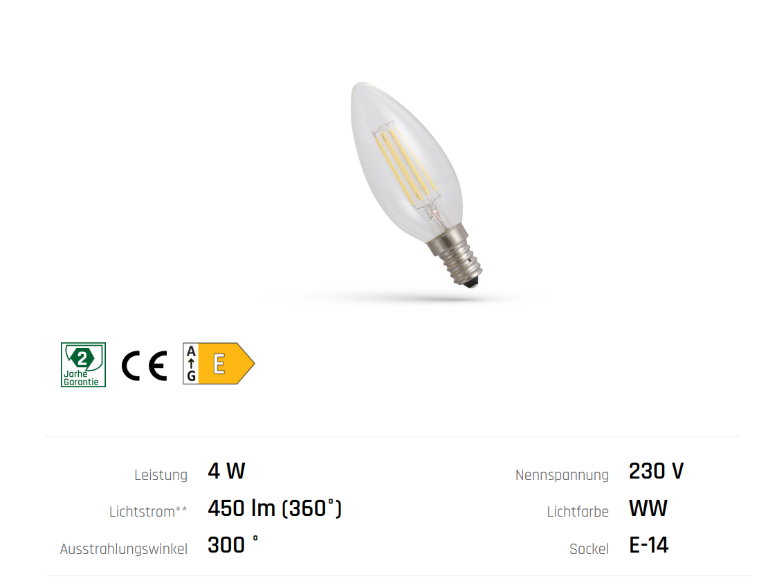 LED Filament E14 C35 Kerzenform Klar 4W =39 Watt 450lm 300° Retro Warmweiss 2700K