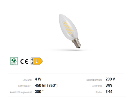 LED Filament E14 C35 Kerzenform Klar 4W =39 Watt 450lm 300° Retro Warmweiss 2700K