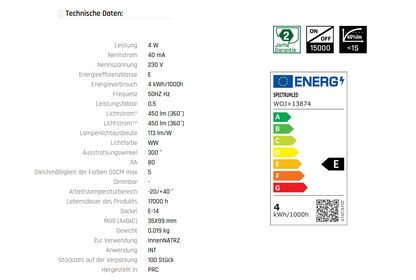 LED Filament E14 C35 Kerzenform Klar 4W =39 Watt 450lm 300° Retro Warmweiss 2700K