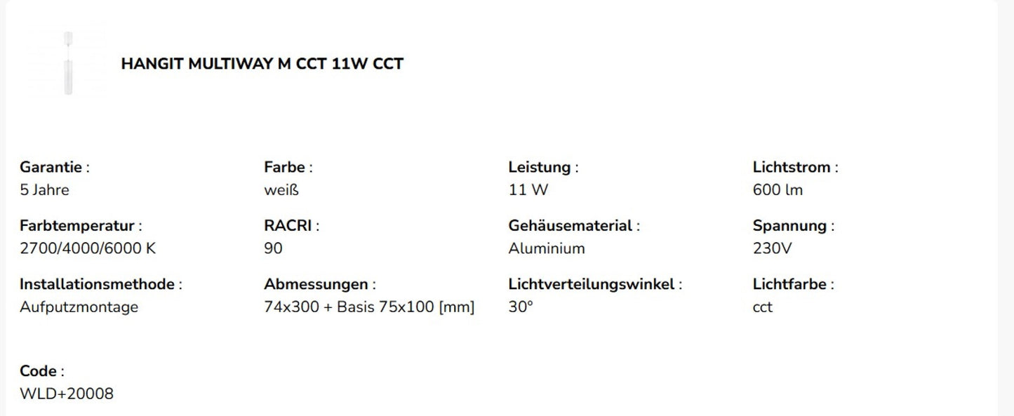 LED HANGIT MULTIWAY M 11W Deckenleuchte 1070lm weiss 30° höhenverstellbar 230V IP20 2700-6000K CCT