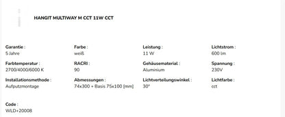 LED HANGIT MULTIWAY M 11W Deckenleuchte 1070lm weiss 30° höhenverstellbar 230V IP20 2700-6000K CCT