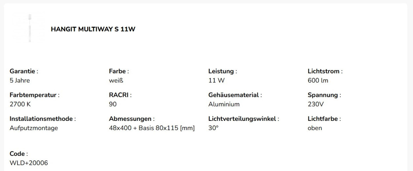 LED HANGIT MULTIWAY S 11W Deckenleuchte 1070lm weiß 30° höhenverstellbar 230V IP20 Warm 2700K