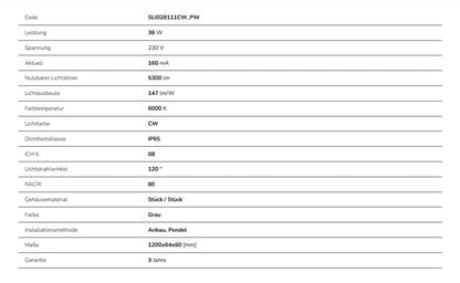 LED LIMEA CONNECT HERMETIC 36W 120cm Feuchtraumleuchte 5300lm IP65 grau IK08 Kaltweiss 6000K