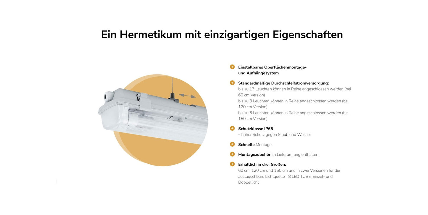 LED LIMEA Feuchtraumleuchte Wannenleuchte 132cm IP65 grau für 2 x T8 LED Roehre G13 120cm