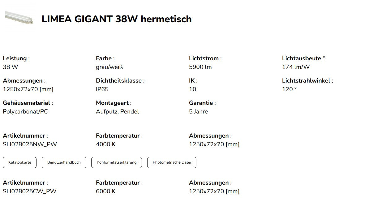 LED LIMEA GIGANT HERMETIC 38W 120cm Feuchtraumleuchte 6600lm Wannenleuchte IP65 grau Kaltweiss 6000K