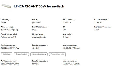 LED LIMEA GIGANT HERMETIC 38W 120cm Feuchtraumleuchte 6600lm Wannenleuchte IP65 grau Neutralweiss 4000K