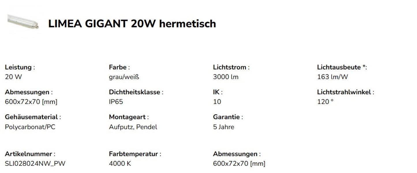 LED LIMEA GIGANT HERMETIC 60cm Feuchtraumleuchte 3000 lm Wannenleuchte IP65 grau IK10 Neutralweiss 4000K