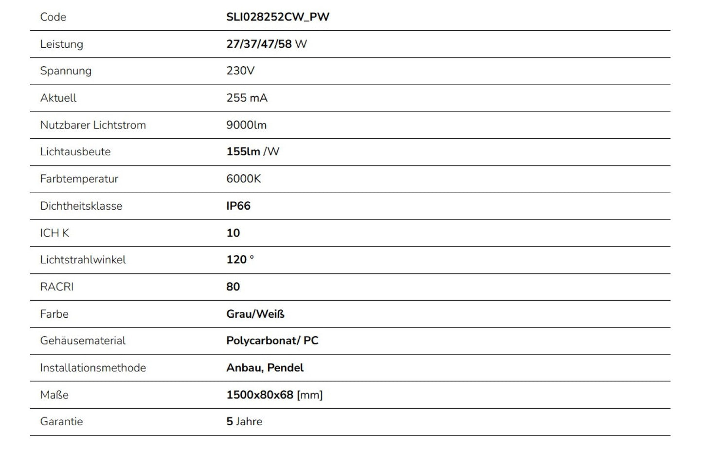 Spectrum LED LIMEA GIGANT PRO 27-58W 150cm Feuchtraumleuchte 9000lm Wannenleuchte IP66 grau IK10 Kaltweiß 6000K DALI - Sonderanfertigung