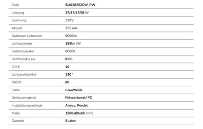 Spectrum LED LIMEA GIGANT PRO 27-58W 150cm Feuchtraumleuchte 9000lm Wannenleuchte IP66 grau IK10 Kaltweiß 6000K DALI - Sonderanfertigung
