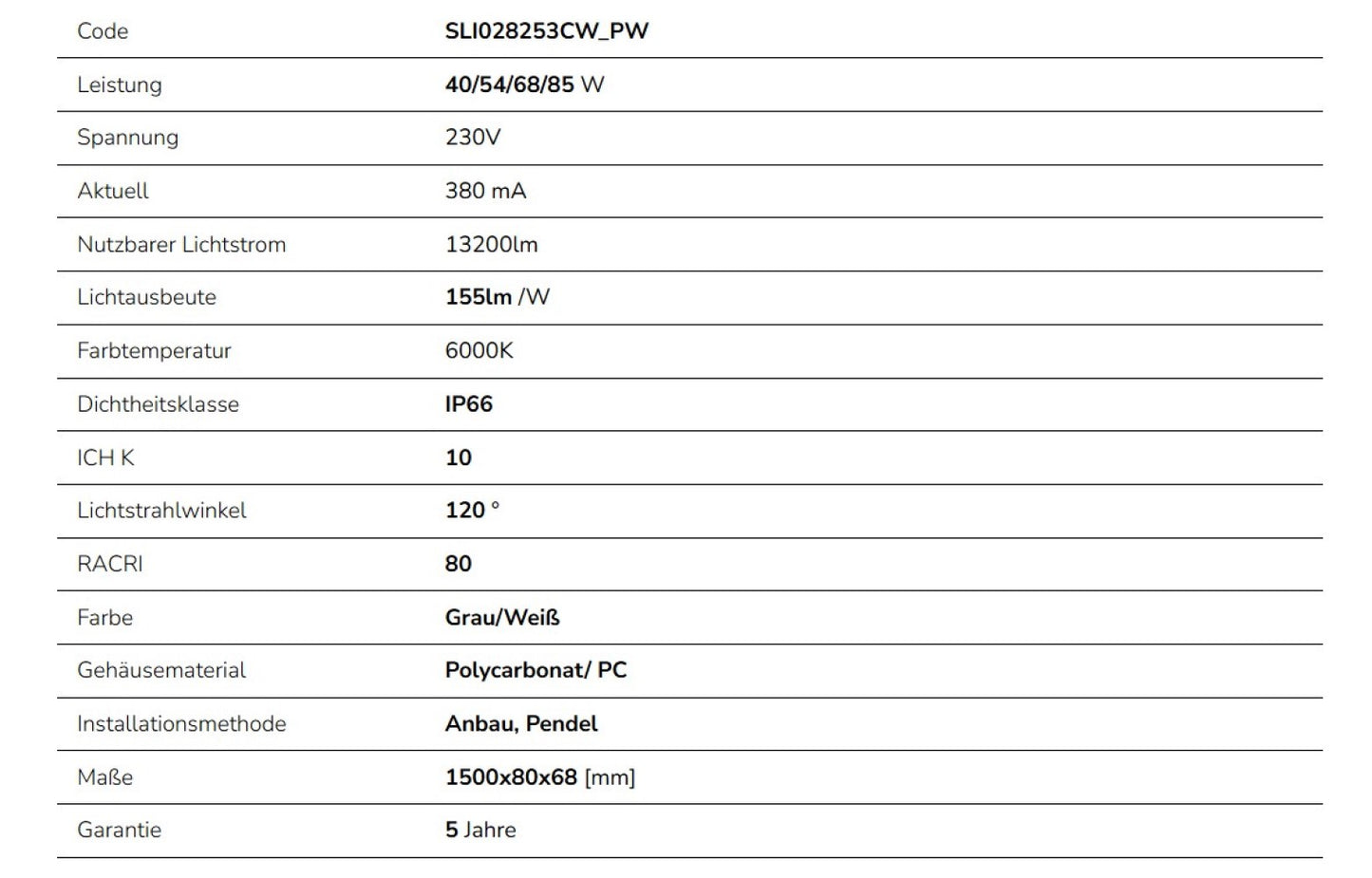 Spectrum LED LIMEA GIGANT PRO 40-85W 150cm damp-proof light 13200lm diffuser light IP66 grey IK10 cold white 6000K