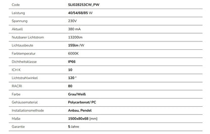 Spectrum LED LIMEA GIGANT PRO 40-85W 150cm damp-proof light 13200lm diffuser light IP66 grey IK10 cold white 6000K