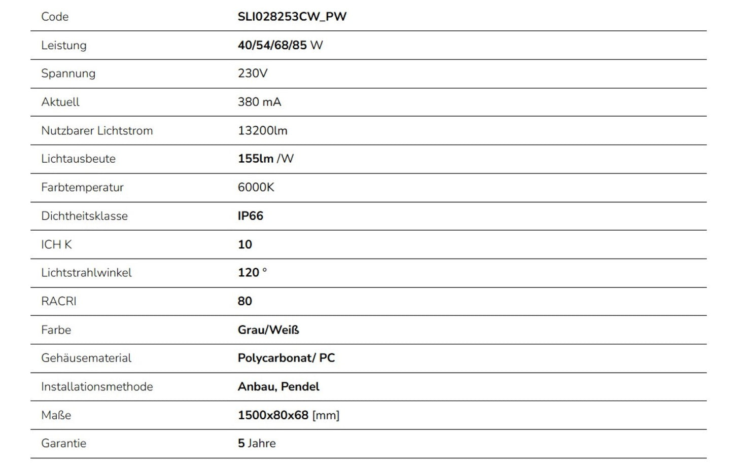 LED LIMEA GIGANT PRO 40-85W 150cm Feuchtraumleuchte 13200lm Wannenleuchte IP66 grau IK10 Kaltweiss 6000K