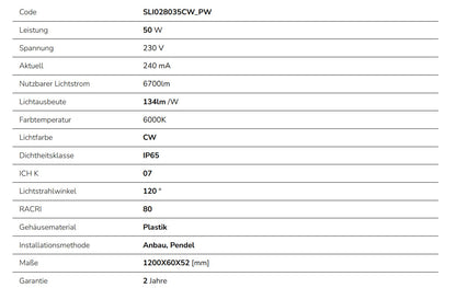 LED LIMEA GO HERMETIC 50W 120cm Feuchtraumleuchte 6700 lm Wannenleuchte IP65 IK07 Kaltweiss 6000K