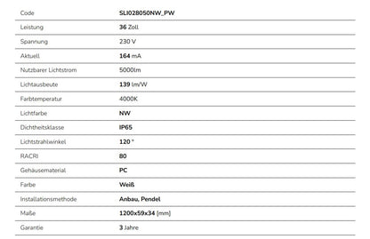 LED LIMEA PLUG 120cm Deckenleuchte 36W 5000lm mit Schalter 120° weiss 230V IP65 Neutralweiss 4000K