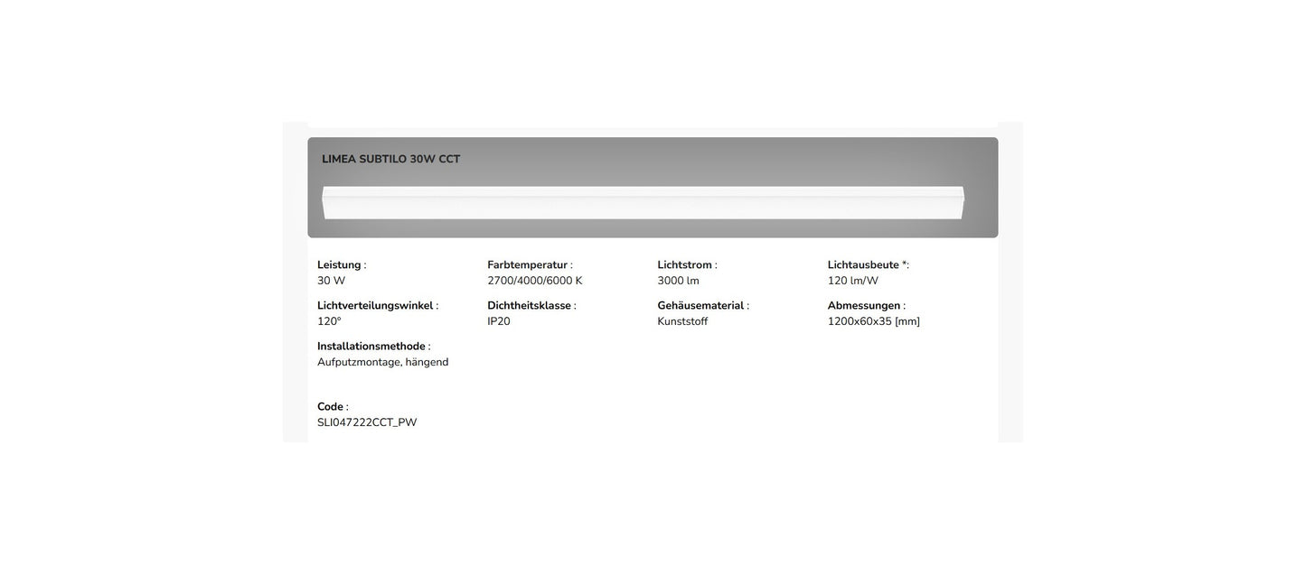 LED LIMEA SUBTILO 120cm Deckenleuchte 30W 3600lm weiss 120° 230V IP20 2700-6000K CCT