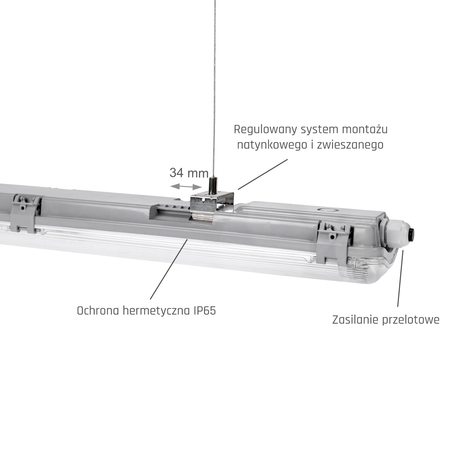Feuchtraumleuchte Wannenleuchte 161cm IP65 grau fuer 2 x T8 LED Roehre G13 150cm