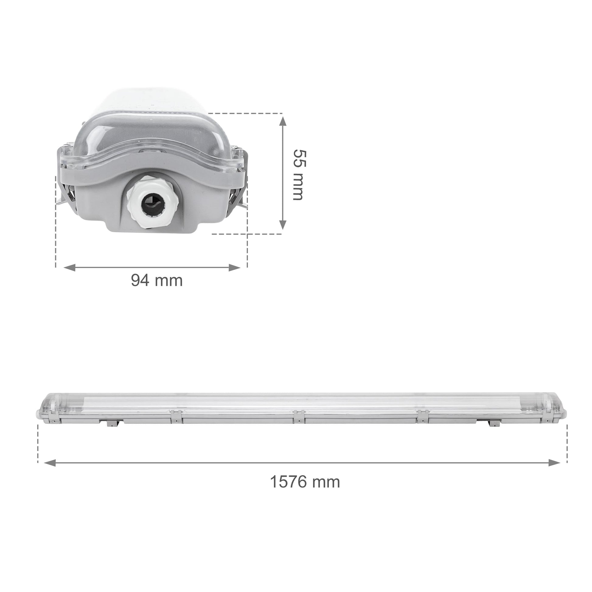 Feuchtraumleuchte Wannenleuchte 161cm IP65 grau fuer 2 x T8 LED Roehre G13 150cm